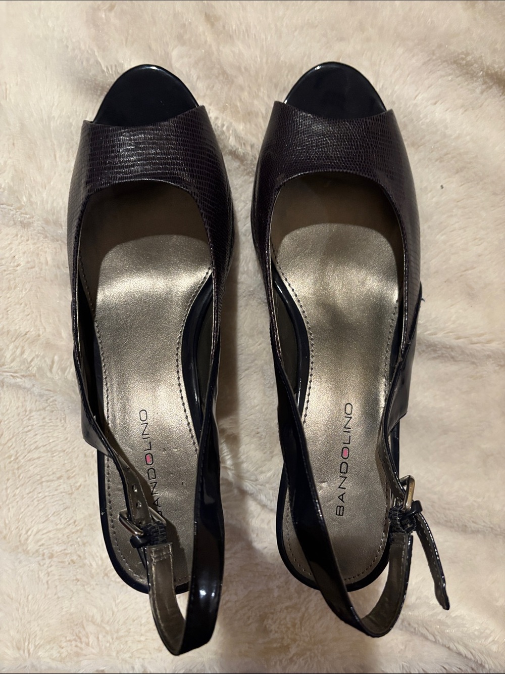 Bandolino Brown Textured and Black Patent Peep-Toe Slingbacks